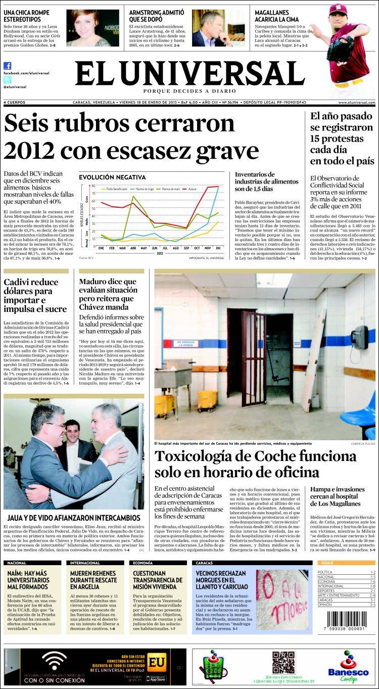 Portadas del viernes 18 de enero de 2013