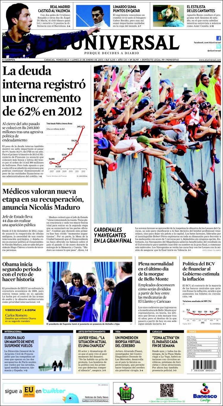 Portadas del lunes 21 de enero de 2013