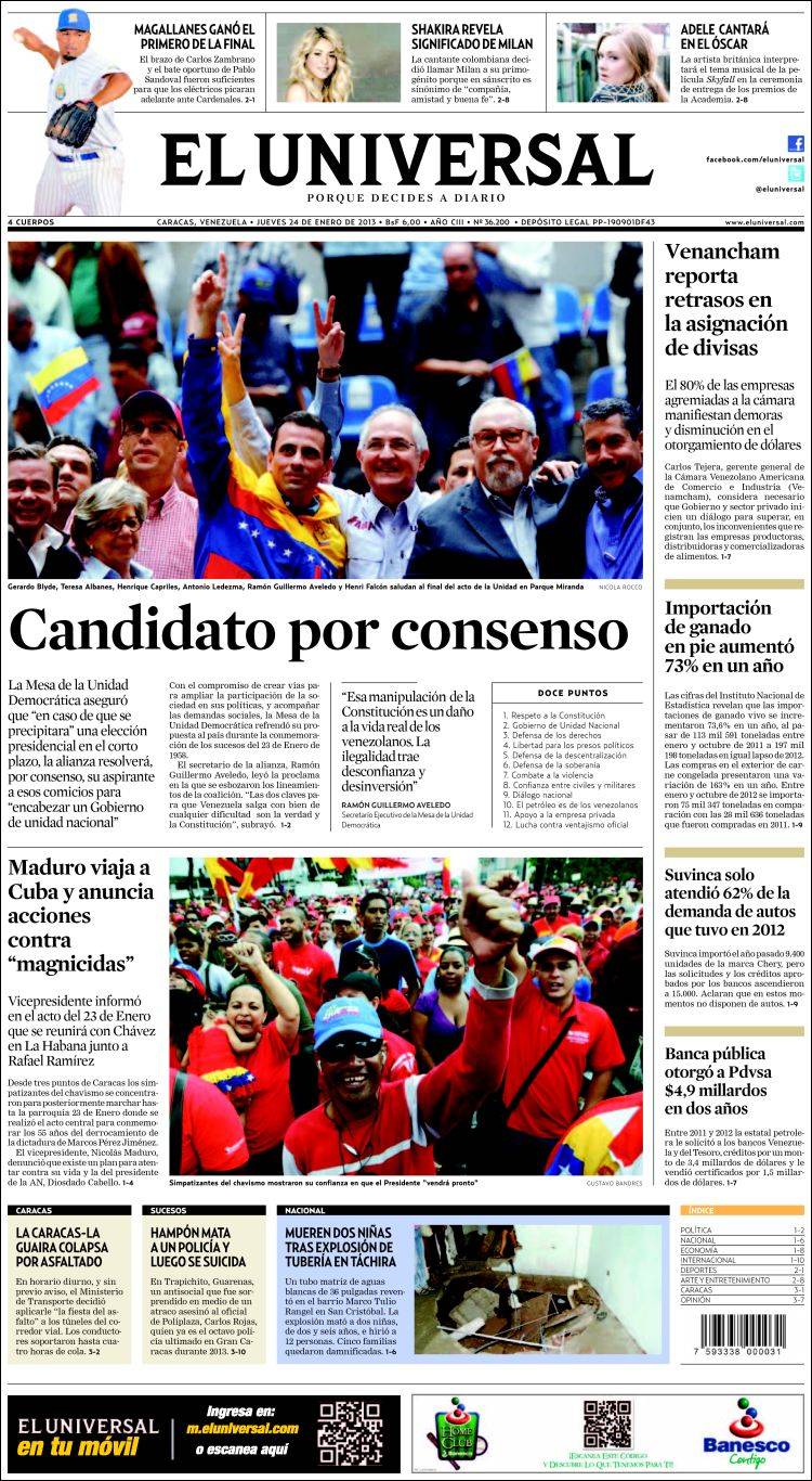 Portadas del jueves 24 de enero de 2013