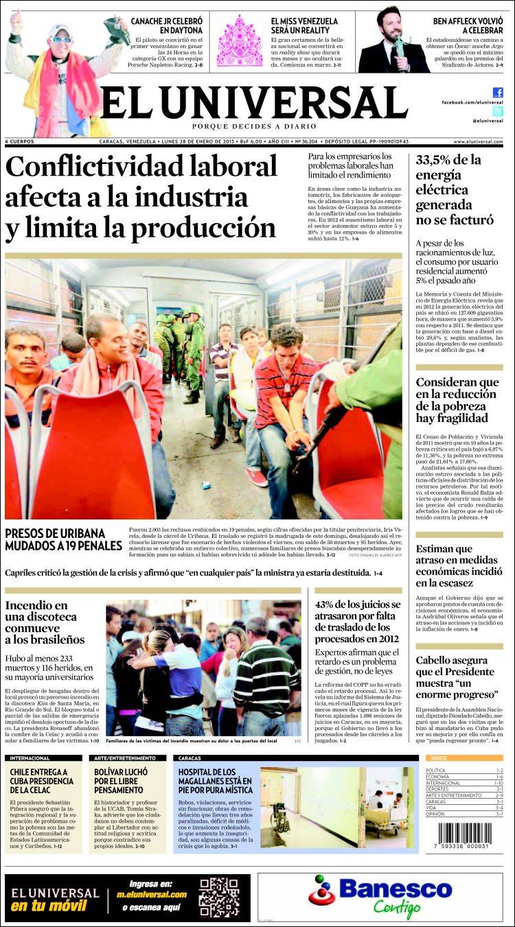 Portadas del lunes 28 de enero de 2013