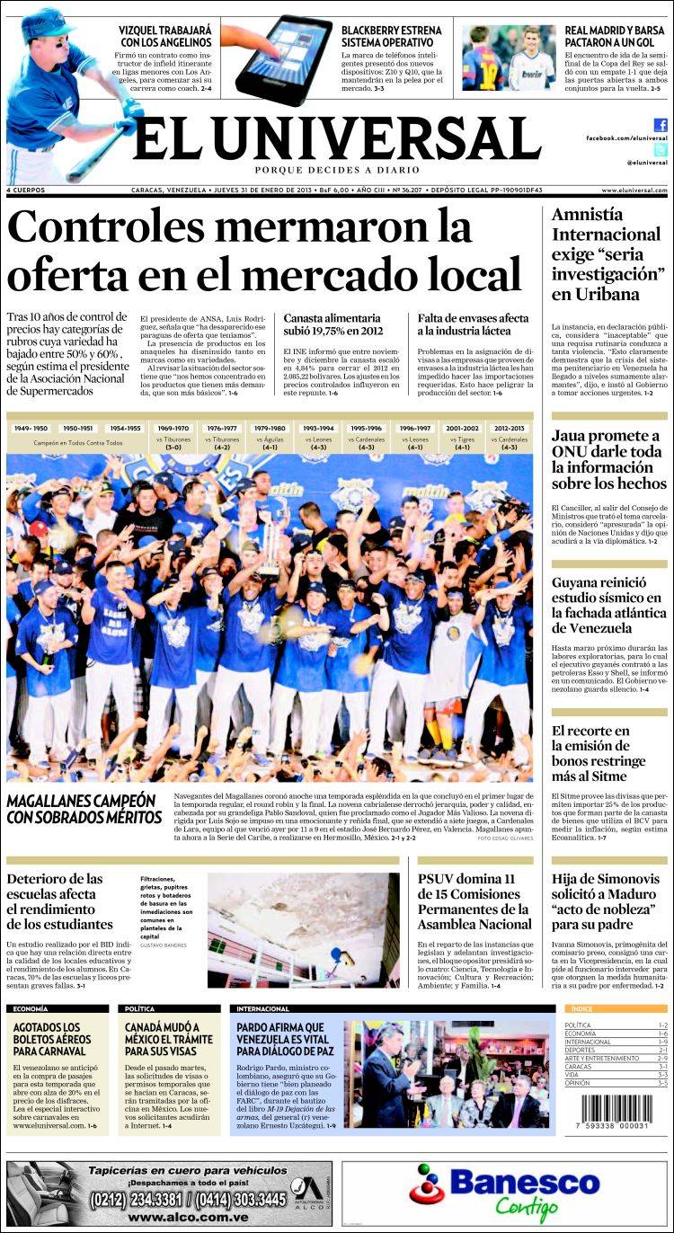 Portadas del jueves 31 de enero de 2013