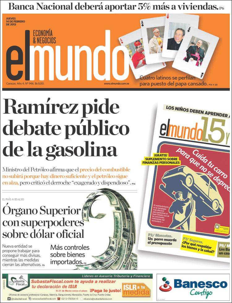 Portadas del jueves 14 de febrero de 2013