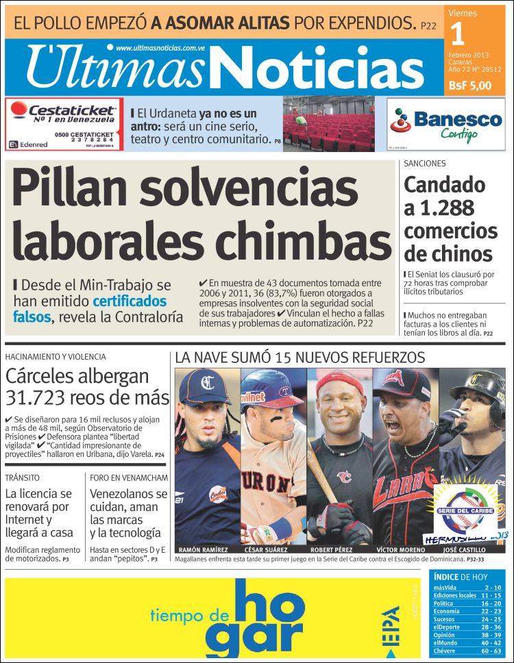 Portadas del viernes 01 de febrero de 2013