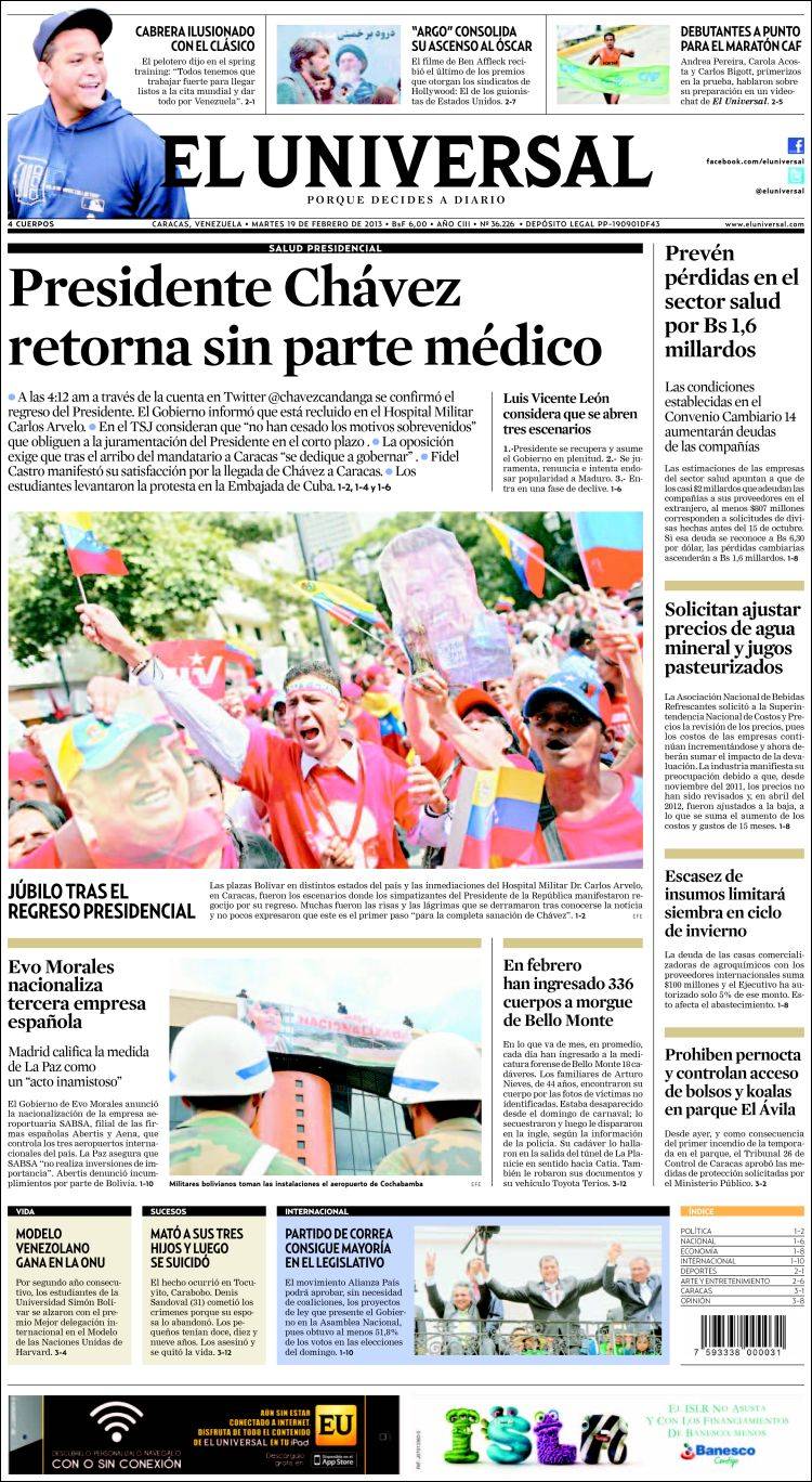 Portadas del martes 19 de febrero de 2013