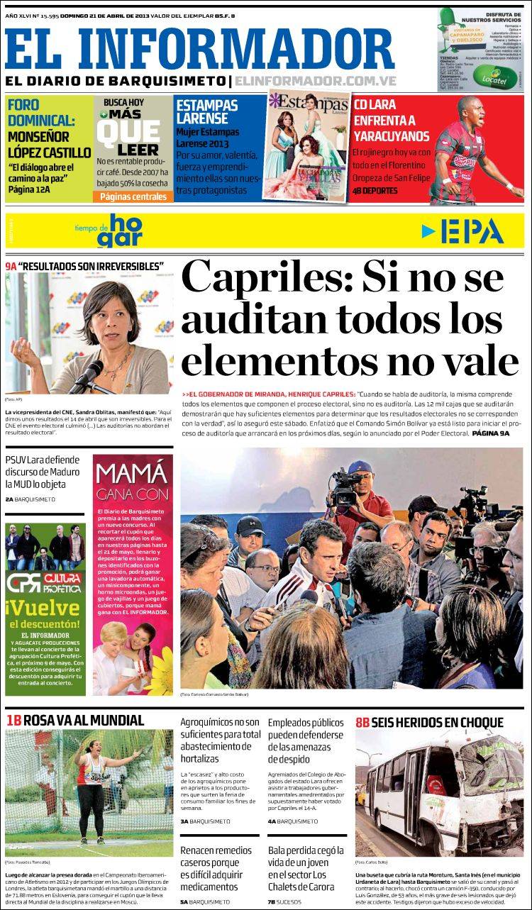 Portadas del domingo 21 de abril de 2013