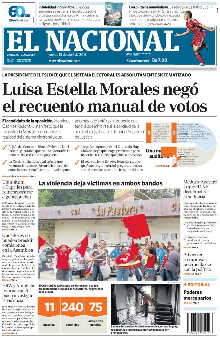 Portadas del jueves 18 de abril de 2013