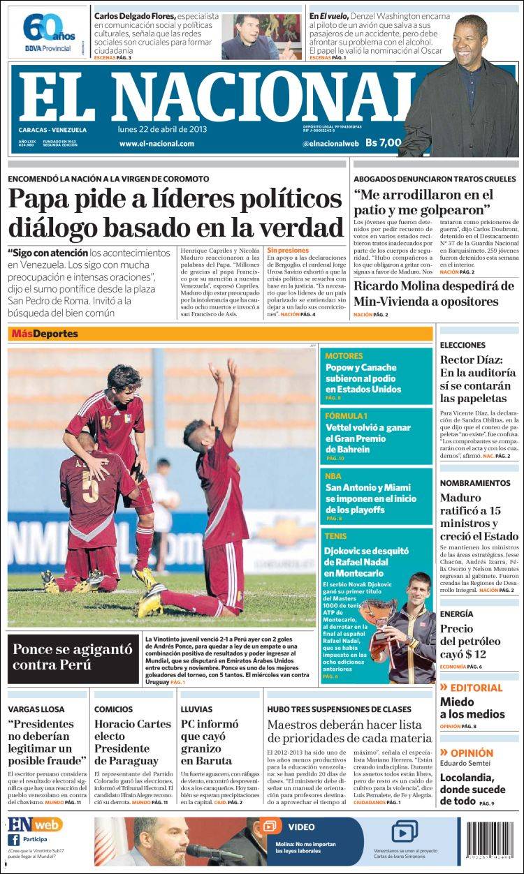 Portadas del lunes 22 de abril de 2013