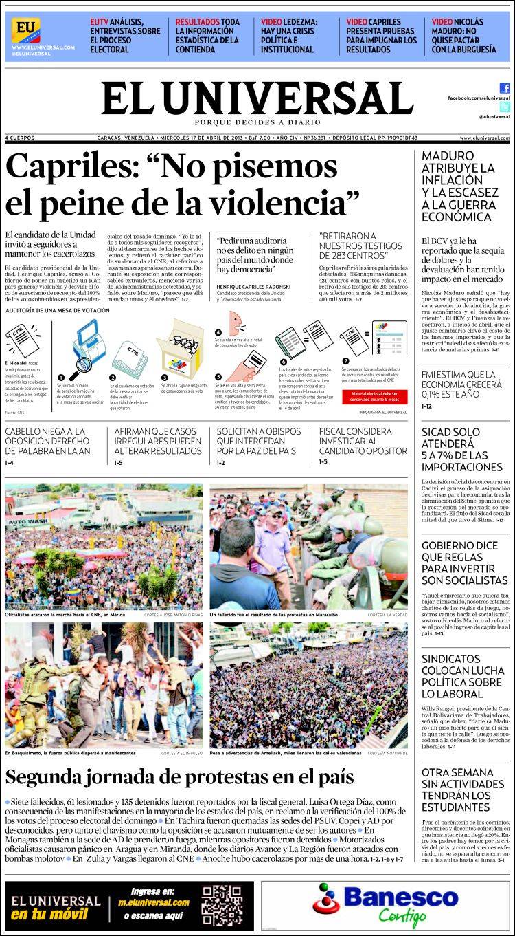 Portadas del miércoles 17 de abril de 2013