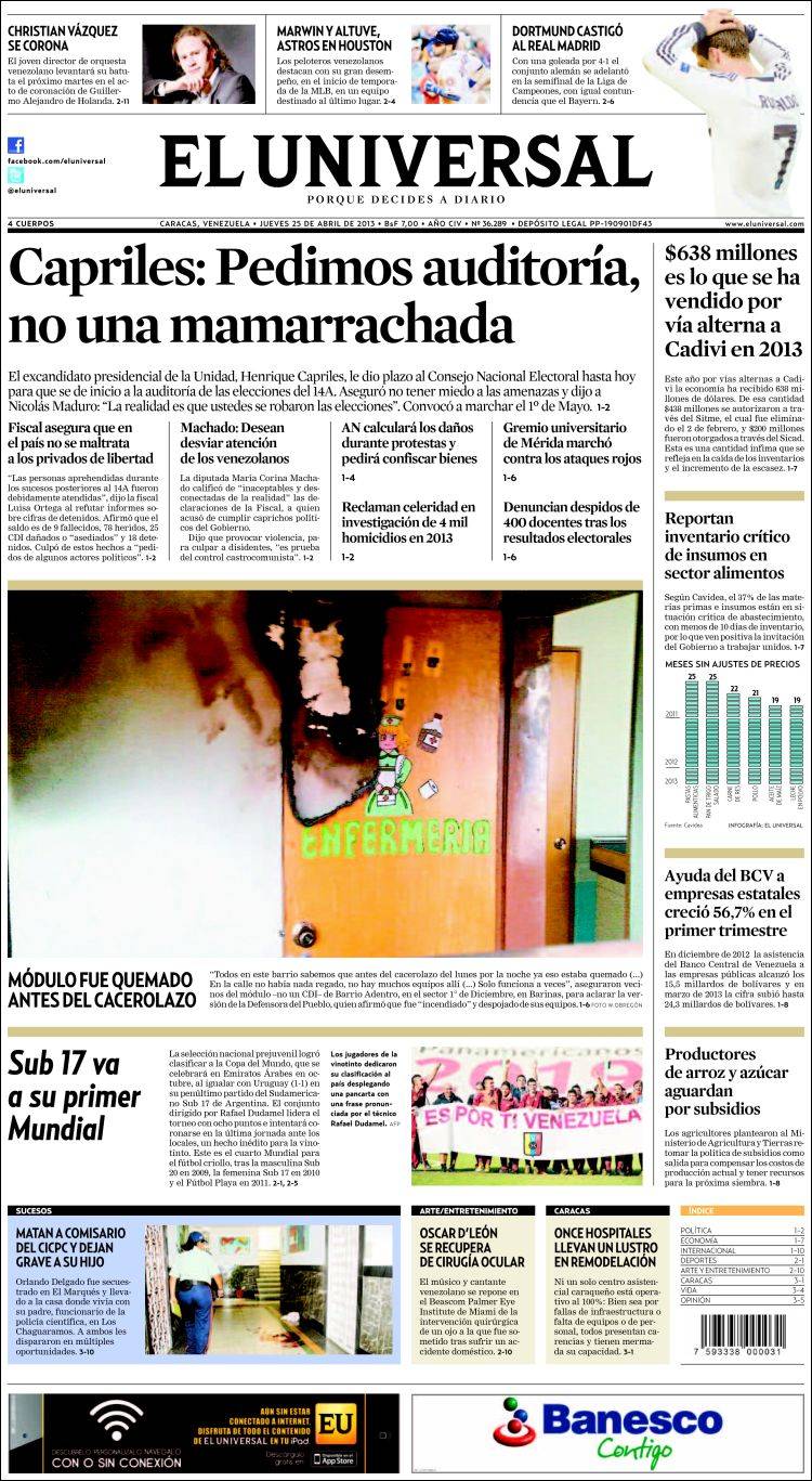 Portadas del jueves 25 de abril de 2013