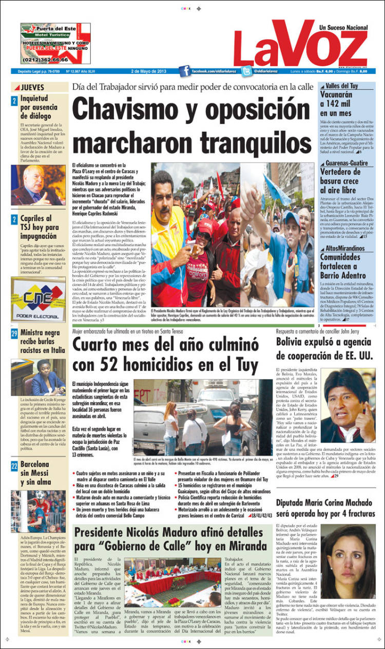 Portadas del jueves 2 de mayo de 2013