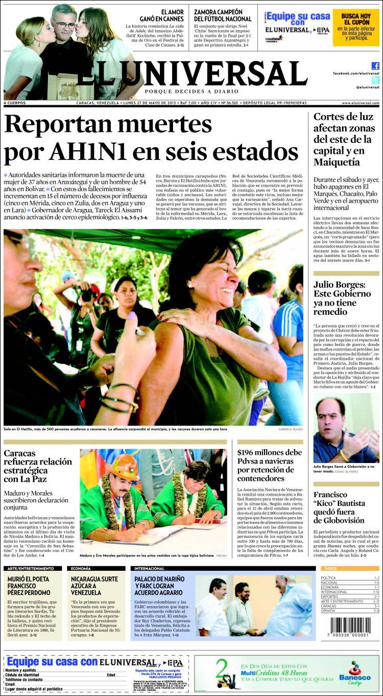 Portadas del lunes 27 de mayo de 2013