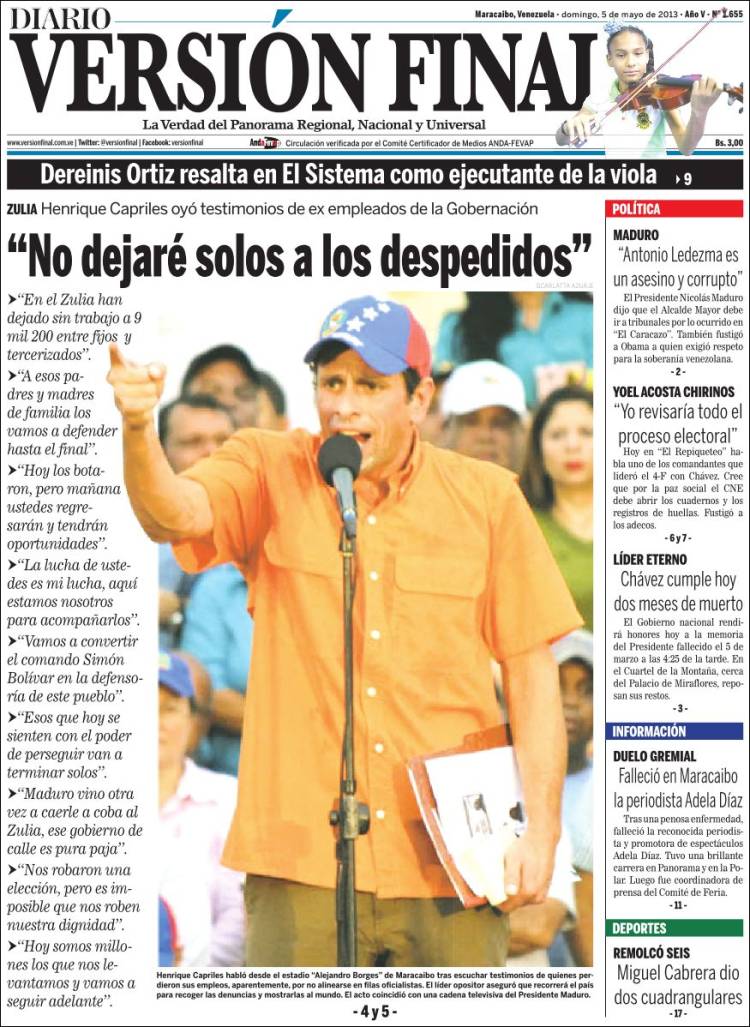 Portadas del domingo 5 de mayo de 2013