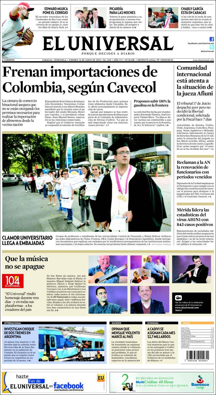 Portadas del viernes 14 de junio de 2013