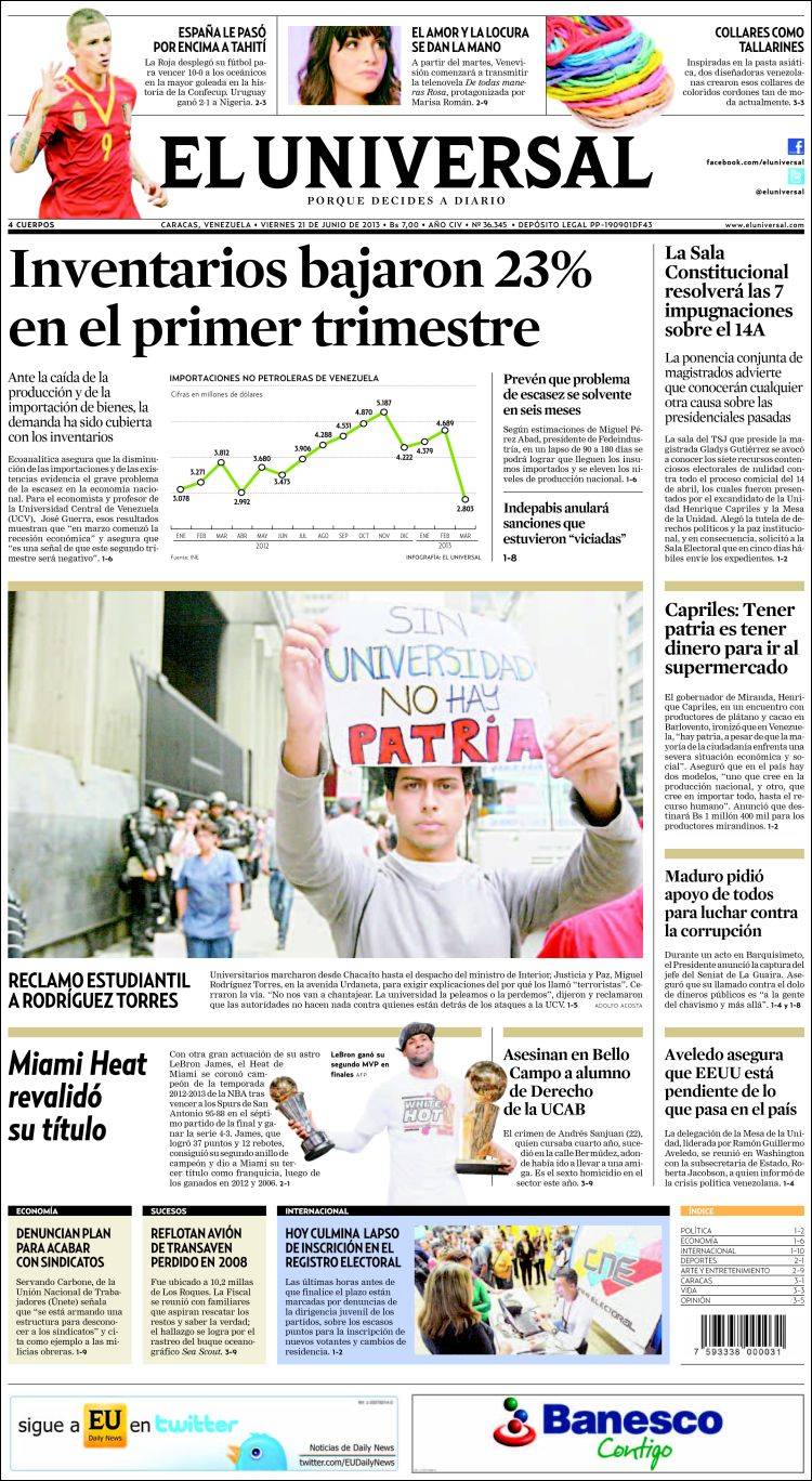 Portadas del viernes 21 de junio de 2013