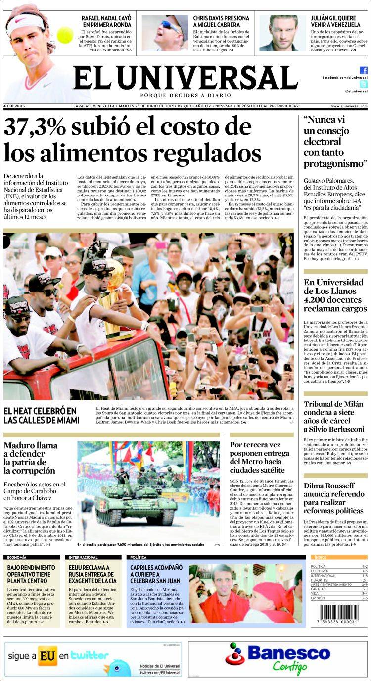 Portadas del martes 25 de junio de 2013