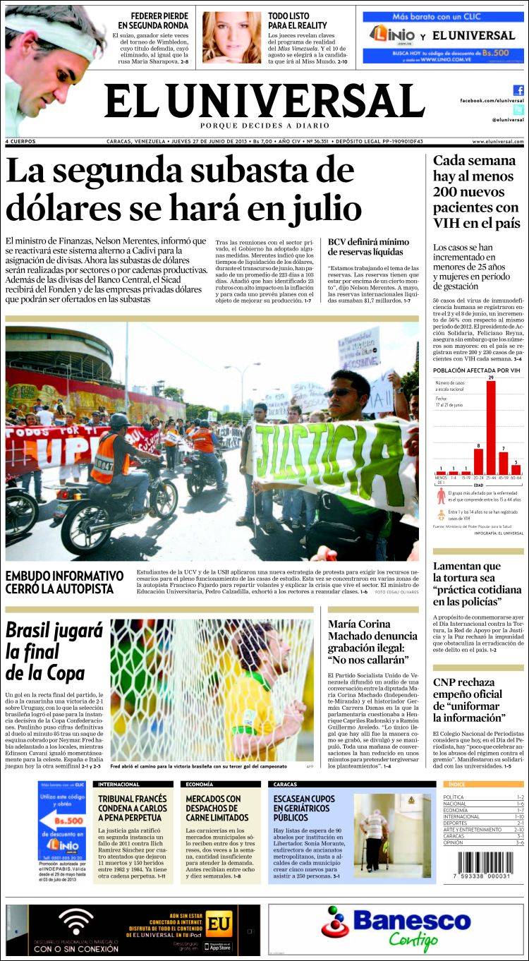 Portadas del jueves 27 de junio de 2013