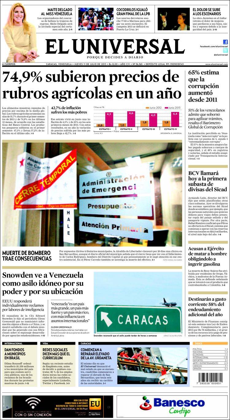 Portadas del jueves 11 de julio de 2013