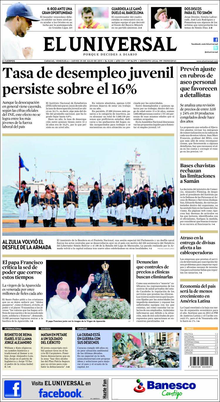 Portadas del jueves 25 de julio de 2013