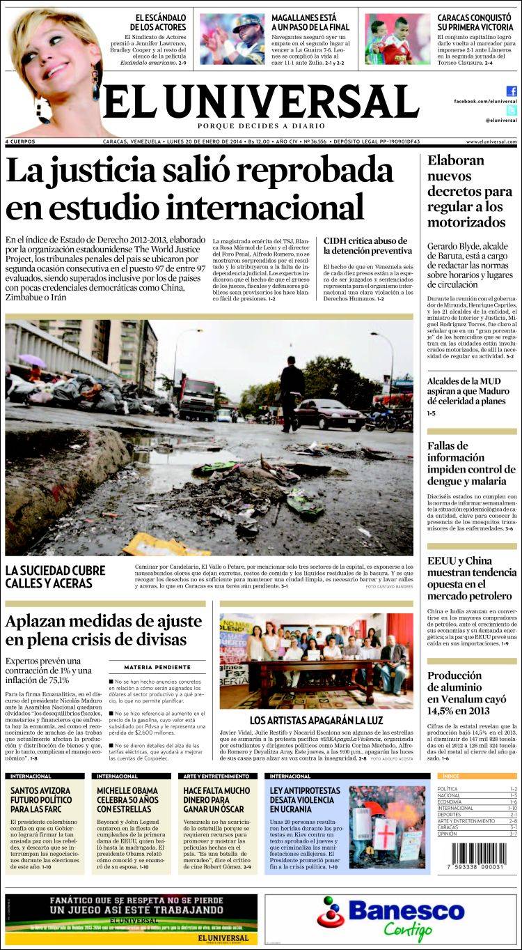 Portadas del lunes 20 de enero de 2014