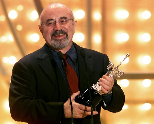 File photo of Bob Hoskins speaking as he holds his Donostia Award in San Sebestian