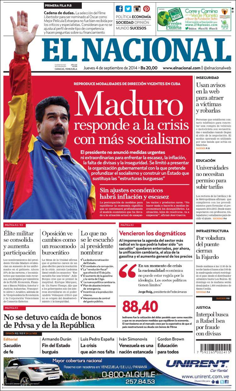 Portadas del jueves 04 de septiembre de 2014