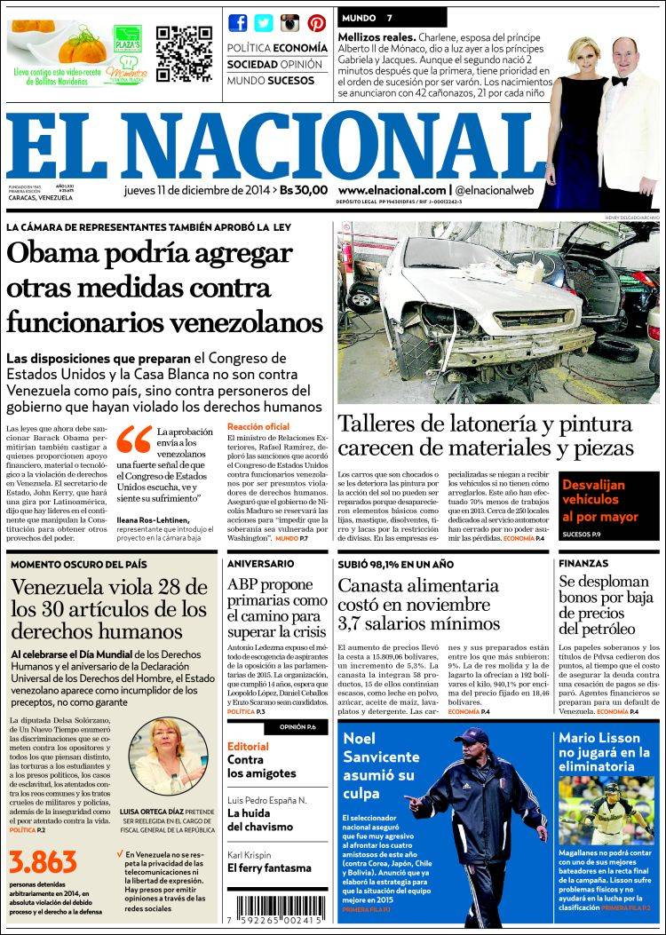 Portadas del jueves 11 de diciembre de 2014