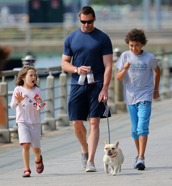 Hugh Jackman takes son Oscar and daughter Ava, and french bulldog Dali to the park on Father's Day in NYC