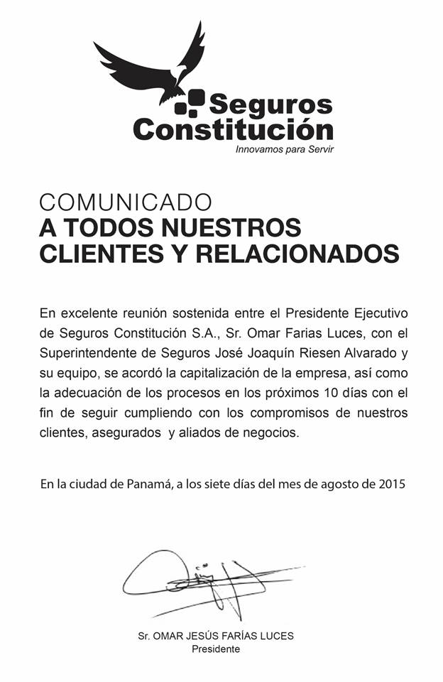 Superintendencia de Panamá y Seguros Constitución acuerdan capitalizar la empresa