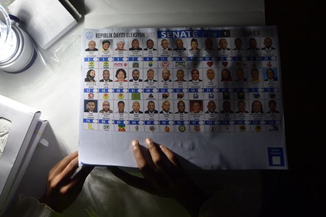 Election officials prepare the ballots for voters in Port-au-Prince, Haiti, on August 9, 2015, during the Legislatives Elections.After nearly four years of delays, Haiti staged legislative elections Sunday in a vote overshadowed by fears of violence and poor turnout. Polling stations opened at 6:00 am (1000 GMT) for the first time since President Michel Martelly came to power in May 2011. The poorest country in the Americas, Haiti suffers from a history of chronic instability and is still struggling to recover from the devastating 2010 earthquake. AFP PHOTO/HECTOR RETAMAL