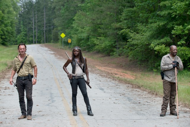 Andrew Lincoln as Rick Grimes, Danai Gurira as Michonne and Lennie James as Morgan Jones - The Walking Dead _ Season 5, Episode 1 - Photo Credit: Gene Page/AMC