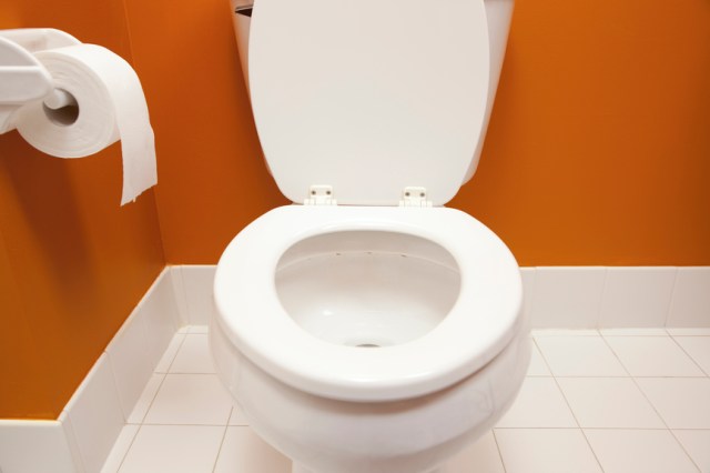 Aerial view of the bathroom toilet on a tile floor with roll of toilet paper. Looks like someone left the seat up.