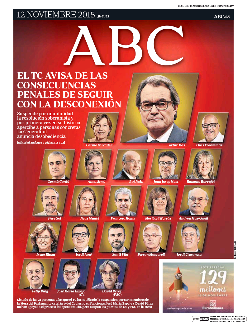 Portadas de la prensa internacional de este jueves 12 de noviembre de 2015