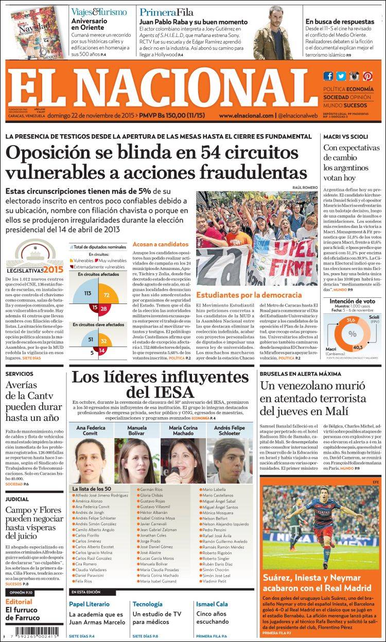 Portadas del domingo 22 de noviembre de 2015