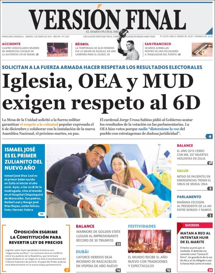 Portadas del sábado 02 de enero de 2016