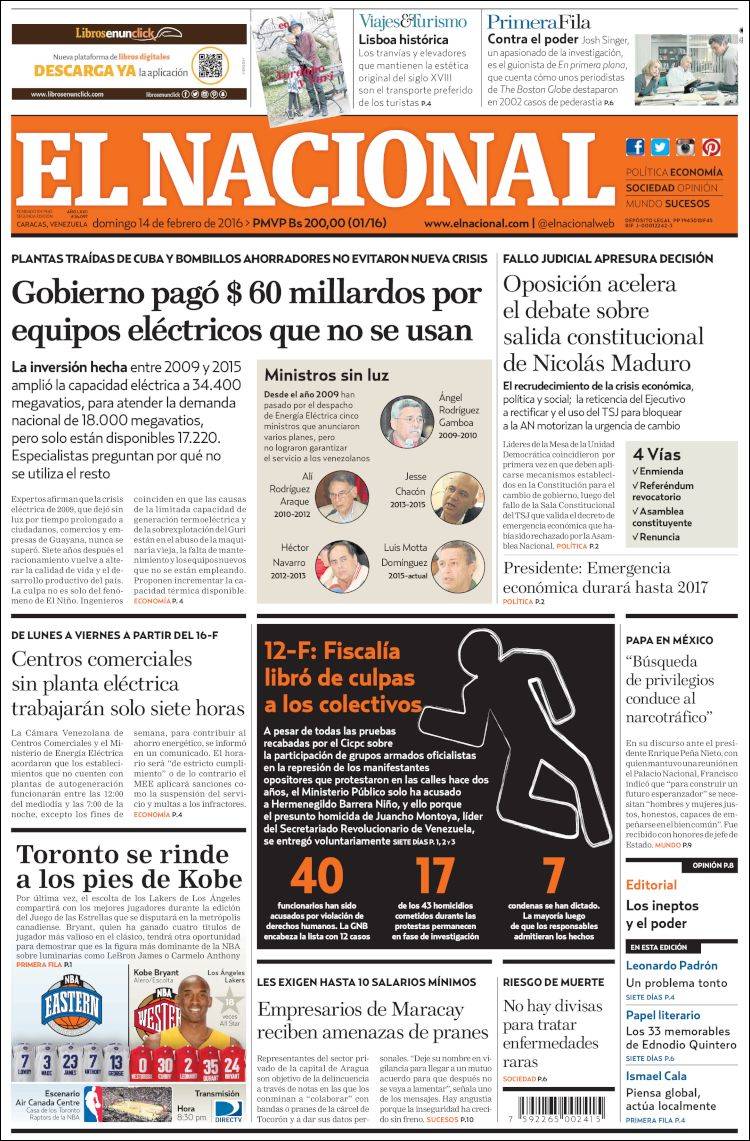 Portadas del domingo 14 de febrero de 2016