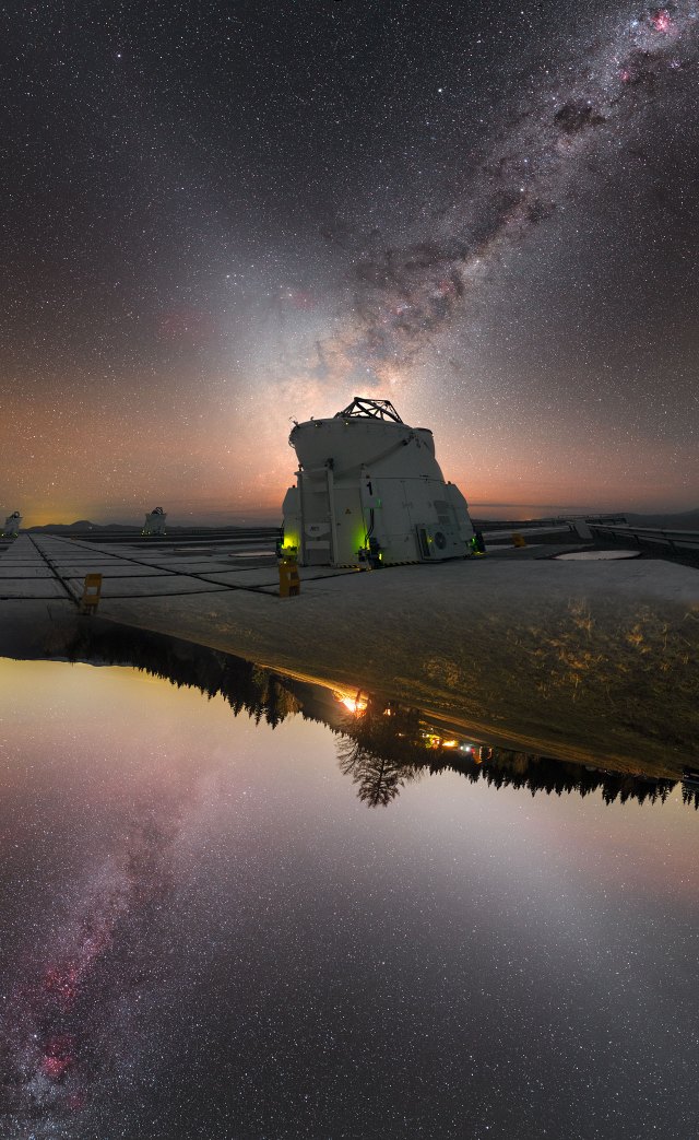 This image is unreal — literally! Rather than being a single picture, it was created by combining two separate photographs together, and shows the January sky as seen from both hemispheres. The skilled photographer was ESO Photo Ambassador Petr Horálek. Petr shot the upper part of the image from ESO’s Paranal Observatory in Chile and the lower part from the Slovakian village of Oravska Lesna, before combining the two to form this striking composite. One arm of the distinctive X-shaped structure spreading from the top right to the bottom left of the frame is the lane of the Milky Way. The other diagonal comprises glowing columns of zodiacal light. In the centre of the image, is one of the four small 1.8-metre Auxiliary Telescopes that make up part of ESO's Very Large Telescope (VLT). A significant glow can be seen in the lower part of the image, caused by light pollution in Oravska, although there is no similar feature in the upper portion, due to the remote location of the Paranal site. Links:   The celestial X