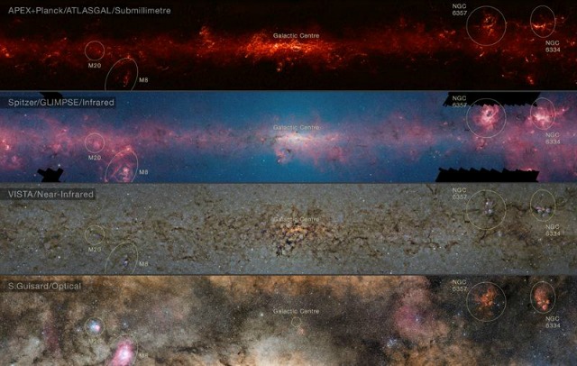 Imágenes facilitadas por el European Southern Observatory (ESO). Un equipo de astrónomos ha obtenido a través del telescopio APEX del desierto chileno de Atacama una "espectacular" imagen de la Vía Láctea que muestra el llamado "plano galáctico" de manera que se pueden "censar las masivas nubes frías donde se forman las nuevas generaciones de estrellas". Las nuevas imágenes difundidas hoy por el Observatorio Europeo Austral (ESO) han permitido elaborar un nuevo Mapa Atlasgal, combinando los datos aportados por los telescopios APEX y Planck. EFE 