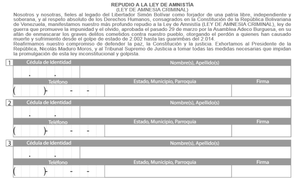 Planilla contra la Ley de amnitia