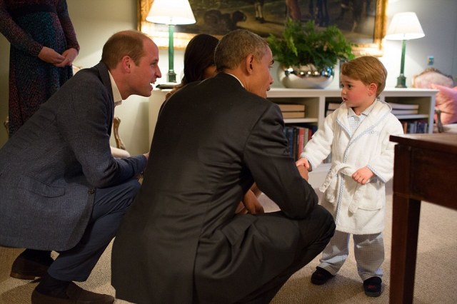 President Barack Obama with First Lady Michelle Obama meets Prince George the Duke and Duchess of Cambridge watch at Kensington Palace in London April 22, 2016. (Official White House Photo by Pete Souza)