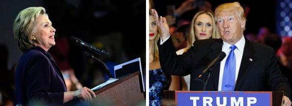 Combo de dos fotografías de archivo donde se ve a la precandidata a la presidencia de Estados Unidos por el partido Demócrata Hillary Clinton (i) en un acto de campaña el 11 de mayo de 2016 en Blackwood (NJ) y al precandidato Republicano Donald Trump (d) ofreciendo un discurso el 3 de mayo 2016 en Nueva York (NY). Según un sondeo divulgado hoy, martes 17 de mayo de 2016, por la cadena NBC News, la ventaja de Clilnton sobre Trump se estrechó de cinco a tres puntos la semana pasada: Clinton tiene el 48% de los votos frente al 45% de Trump gracias al apoyo del que goza entre los afroamericanos, los hispanos y las mujeres, de acuerdo con la encuesta. EFE/PETER FOLEY/ JUSTIN LANE