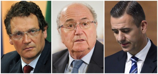 (FILES) This combination of file pictures created on June 03, 2016 shows (L-R) FIFA Secretary General Jerome Valcke (February 10, 2012 in Libreville), FIFA President Joseph S. Blatter (on March 5, 2011 near Newport) and FIFA secretary general Markus Kattner (on May 23, 2016 in Zurich). World football governing body FIFA is informing US and Swiss authorities about disgraced former president Sepp Blatter and deputies Jerome Valcke and Markus Kattner for trying to "enrich themselves" with $80 million, AFP reported on June 3, 2016. / AFP PHOTO