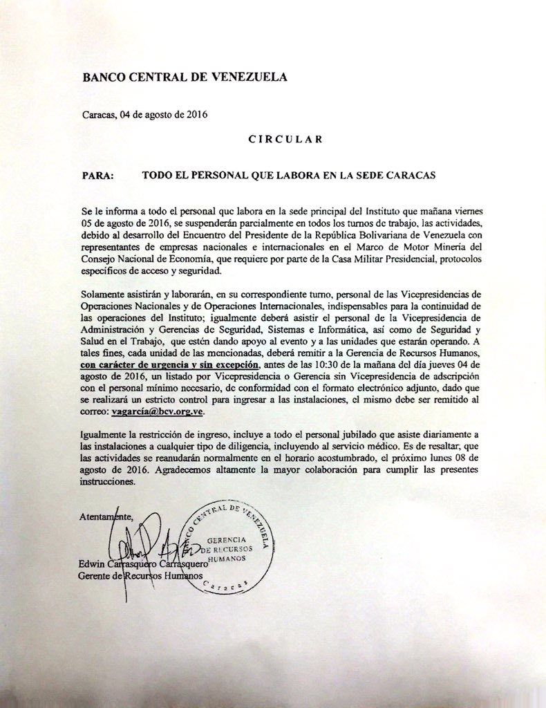 Mañana Maduro va al BCV y no se trabajará. Otro día perdido (carta)