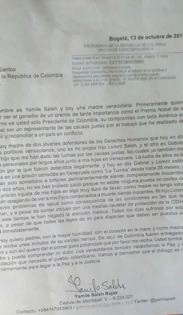 Carta de la madre de Lorent Saleh al presidente Santos