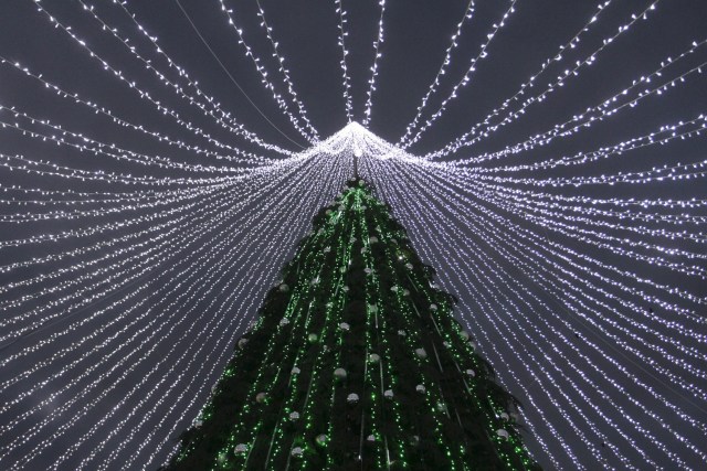 VIL10. VILNIUS (LITUANIA), 06/12/2016.- Un gran árbol de navidad es encendido hoy, martes 6 de diciembre de 2016, en la Plaza de la Catedral de Vilnius (Lituania). EFE/VALDA KALNINA