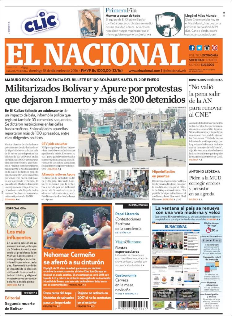 Portadas de la prensa nacional de este domingo 18 de diciembre de 2016