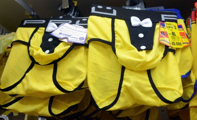 View of yellow underwear for sell at a store in Medellin, Colombia, on December 29, 2016, where tradition holds that it brings prosperity and good luck if you wear it on New Year's Eve. / AFP PHOTO / CAMILO GIL