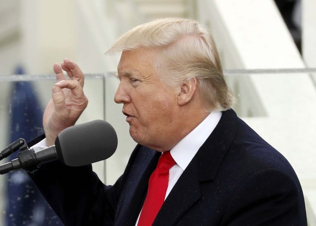 US President Donald Trump speaks after taking the oath of office during his inauguration at the U.S. Capitol in Washington, U.S., January 20, 2017. REUTERS/Kevin Lamarque