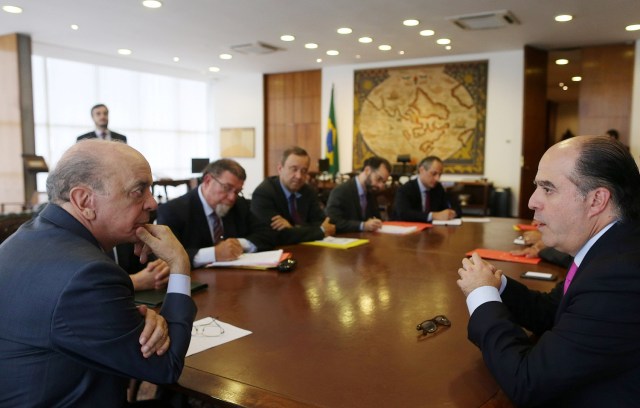 Julio Borges (R), President of the National Assembly and deputy of the Venezuelan coalition of opposition parties (MUD), attends a meeting with Brazil's Foreign Minister Jose Serra at the Itamaraty Palace in Brasilia, Brazil February 8, 2017. REUTERS/Adriano Machado