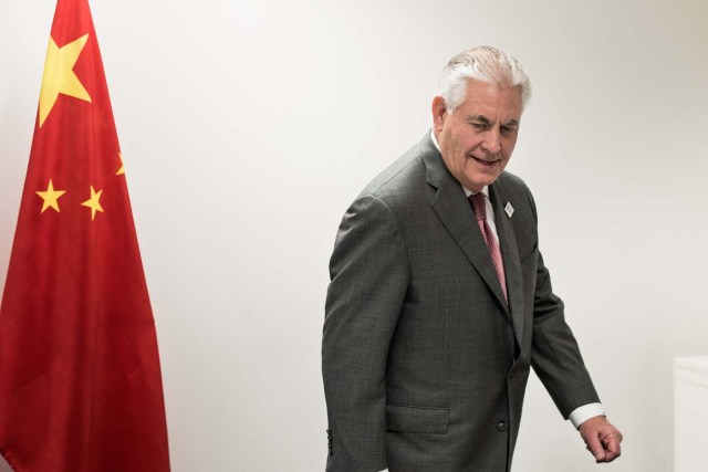 US Secretary of State Rex Tillerson takes his seat for a meeting with China's Foreign Minister Wang Yi (not in picture) on the sidelines of a gathering of Foreign Ministers of the G20 leading and developing economies at the World Conference Center in Bonn, western Germany, February 17, 2017. REUTERS/Brendan Smialowski/Pool