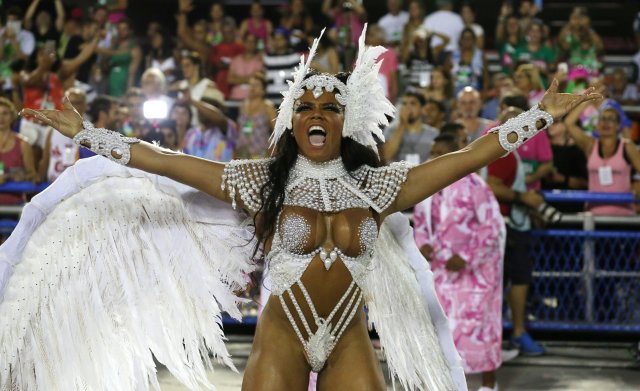 Drum queen Evelyn Bastos from Mangueira samba school performs during the second night of the carnival parade at the Sambadrome in Rio de Janeiro